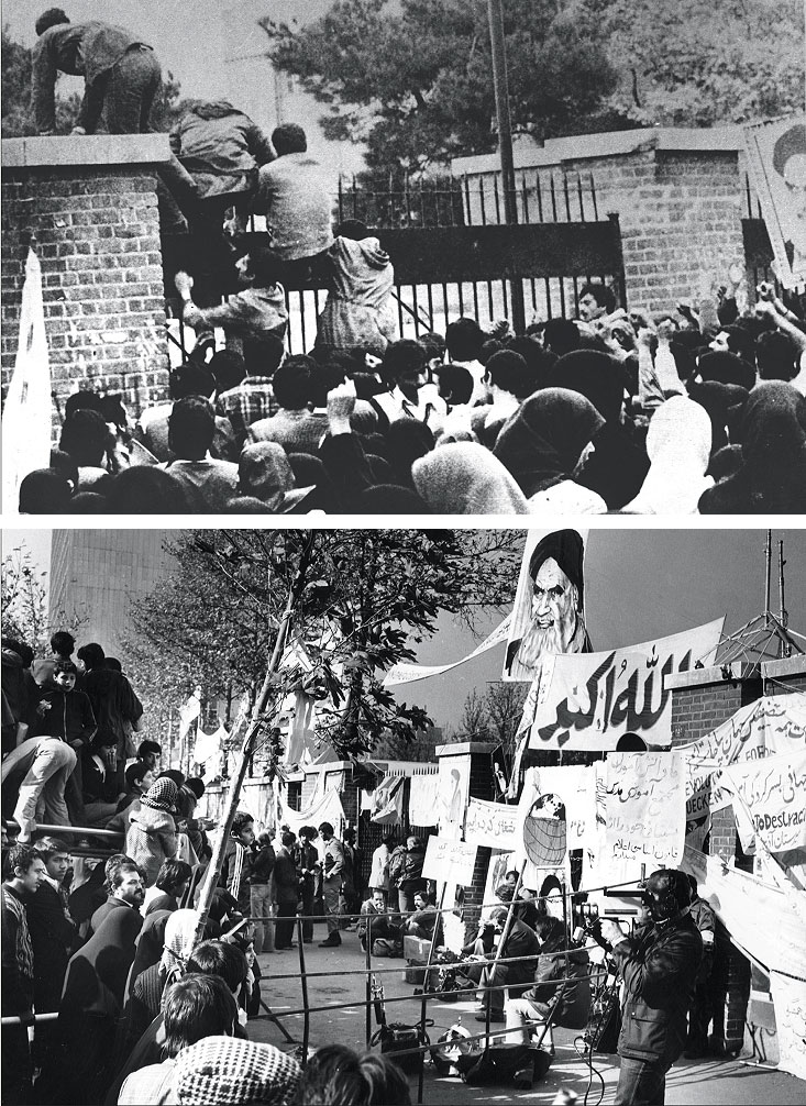 Французский фотограф снял начало штурма ворот американского посольства в Тегеране 4 ноября 1979 года (вверху). Советский в тот же день на том же месте — народную радость по случаю успешного завершения акции (внизу)
