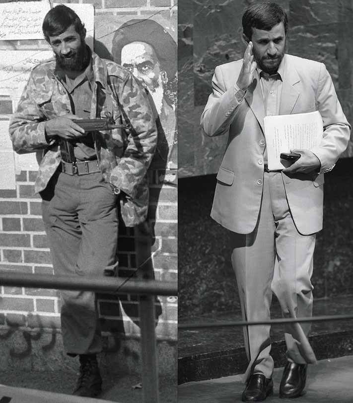 Пятеро заложников из американского посольства в Тегеране узнали на современных фотографиях Ахмади-Нежада (справа) своего бывшего тюремщика. Узнают ли они его в студенте с командирским оружием — автоматом со складным прикладом (слева), пока вопрос 